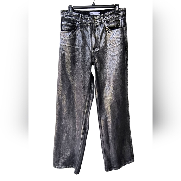 Zara Silver Metallic Whimsigoth Flare Wide Leg Jeans with Glossy Finish 30/6 - Picture 1 of 9